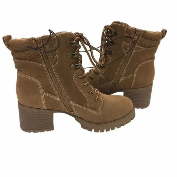 Chunky Heeled Boots Y2K 90s Lug Sole Women 7.5 M Lace Up Shearling Accent Zipper - Picture 11 of 14